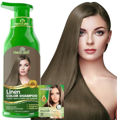 Herbishh Haarfärbeshampoo Leinen 500 ml – 3 in 1 Haarfarbe Shampoo, Linen Hair Dye Shampoo, Color Shampoo Leinen, Grauabdeckung, Ammoniakfrei, Für Helle Haare Damen & Herren