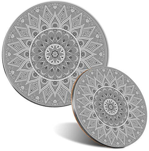 Mouse Mat & Coaster Set - BW - Indian Mandala Boho Yoga 20 cm & 9 cm for Computer & Laptop, Office, Non-slip Base #37926