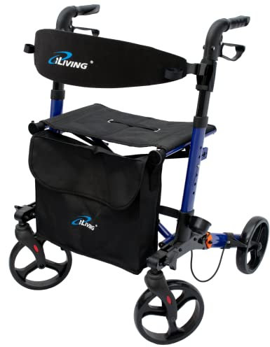 iLIVING Faltbarer aufrechter Mobilitäts-Rollator, leichter Rollator für Senioren, Vordertasche und leicht zu reinigender Sitz und Rückenlehne, Doppelbremsen mit Parksperre (ILG-622)