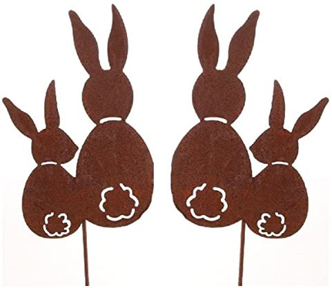 Dragimex dekorativer Gartenstecker Oster-Deko-Stecker Osterhase Hasenpaar Metall edelrostig Preis für 2 Stück, Braun, ca. 12,5 x 20 mit Stab ca. 78 cm lang