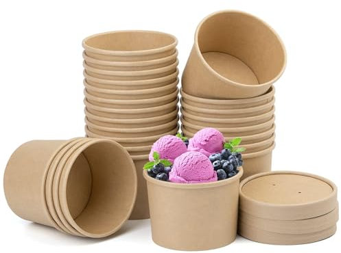 BUOKKON 25 Pack Ice Cream Containers, Soup Containers with Lids, Disposable Cups with Lids, Brown Kraft Soup Cups Paper Bowls Takeaway Tubs for Dessert (12oz / 350ML)