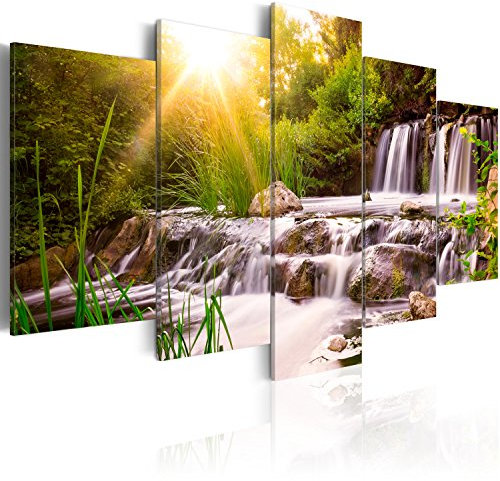 B&D XXL - Tableau décoratif paysage 150x75 cm - Impression sur toile - Décoration murale - Arbres, pierre, paysage, forêt, feuilles, nature, paysage, plantes, soleil, herbe, cascade c-C-0026-b-n