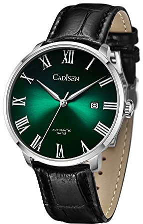 CADISEN Automatik Uhr Herren Mechanische Automatikuhr Echtes Lederband wasserdichte Freizeituhr für Männer (Grün)