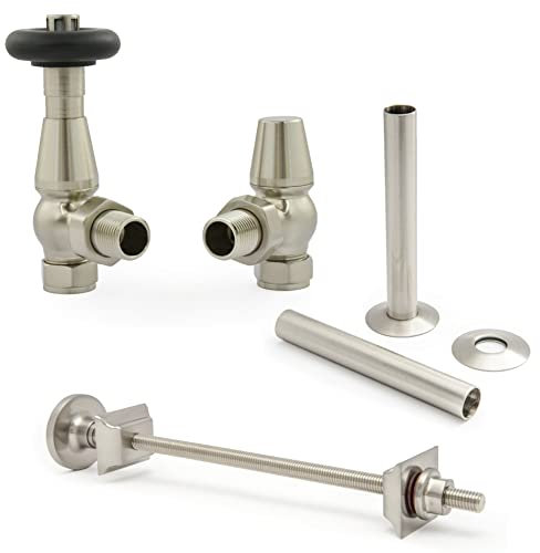 Hot Flow | Jordan Traditional Thermostatic Radiator Valve (Angled TRV) (Satin Nickel with Wall Stay and Sleeve)