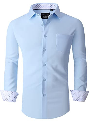 Alex Vando Mens Dress Shirts Regular Fit Long Sleeve Stretch Business Dress Shirts for Men,Blue,L