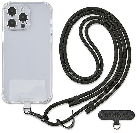 Golifyne Handykette Universal zum Umhängen | Handyband Kordel Kette für Outdoor, Reise, Unterweg Handy-Halterung | Phone Lanyard + 2 Stück Pad für alle Smartphone (ohne Hülle) - Schwarz