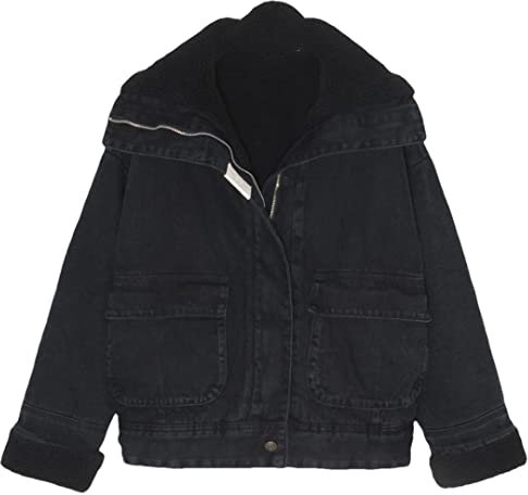 Hcclijo Schwarze Lammfell-Futter-Jeansjacke Für Damen Lockere Kurze Oberbekleidung Winter Dicke Warme Jeansjacke Mantel