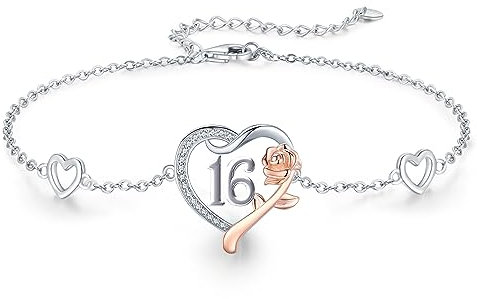 CHENGHONG Personalisiertes 16. Geburtstag Armband, 925 Sterling Silber Rosen Herz Armband, Geschenk für Mädchen und Frauen