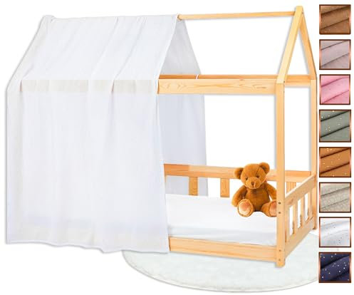 Lovely Hippo Hausbett Himmel - 100% Baumwolle - Betthimmel Hausbett aus Musselin - Bett Vorhang Kinderbett - Himmelbett Vorhänge 90x200cm (Weiß/Gold, 120 x 370 cm (1er Set))