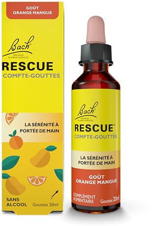 RESCUE - Compte-Gouttes Orange Mangue - Sans Alcool - Mélange de 5 Fleurs de Bach Original - Idéal pour les stress du quotidien : voyages, examens, réunions, journées chargées