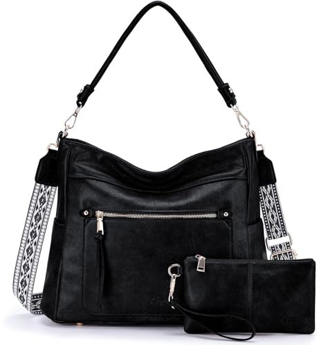 Kasgo Handtasche für Damen, Vegan Leder Hobo Bags Set Mode Große Umhängetasche Handtasche Frauen Tote Bag Schwarz
