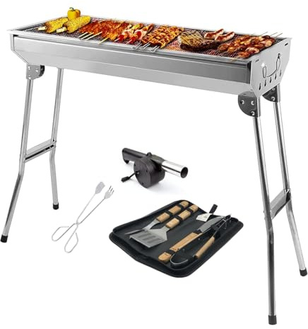 Oceano Barbecue a carbone in acciaio inox bracere richiudibile in metallo portatile bbq da esterno griglia per giardino pic-nic campeggio escursione gita (33x73x71cm + soffiatore + utensili)
