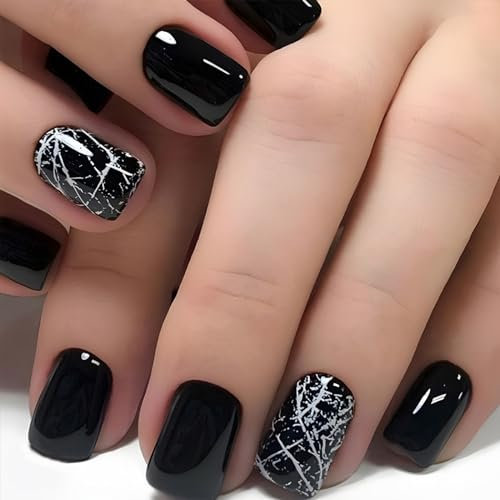 24Pcs Faux Ongles Court Carré Artificiels Ongles à Presser Fissure Blanche Français Ongles à Coller Acrylique Capsules Ongles Couverture Complète Glossy Press on Nails pour Femmes et Filles