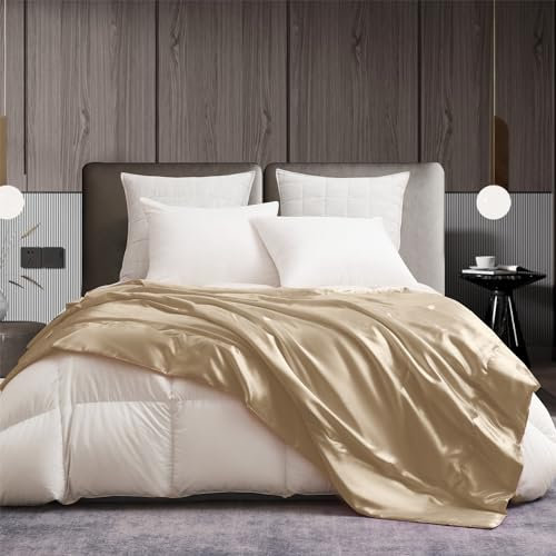 Gezu Kuscheldecke Satin Decke 220x240 Seidendecken Beige Sofadecke Kühlende Seidige Seide Sommerdecke Leicht Weich Luxus Glatt Glänzend Satin Tagesdecke für Bett Sofa Couch Schlafzimmer Büro Reisen