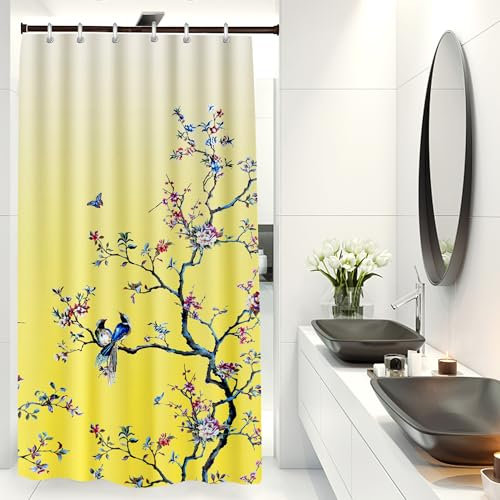 LIVETTY Rideau de douche en tissu résistant à la moisissure pour homme et femme avec 12 crochets Motif oiseau jaune 90 x 180 cm