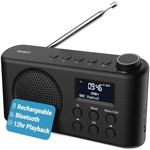 Portable Bluetooth DAB, DAB+ Radio | Rechargeable Battery or USB-C Cable Powered | 12 Hour Playback, LED Display, Headphone Jack | Dual Alarm, FM, 40+ Presets | MAJORITY Orwell