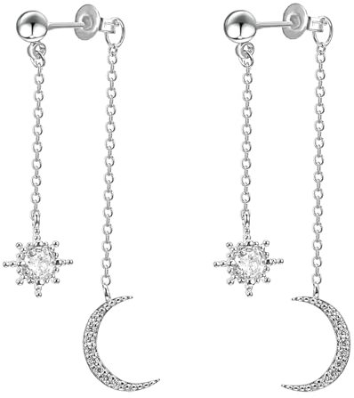 Silber Quasten Ohrringe Stern und Mond Ohrringe mit Diamanten Mond Ohrringe Hängend Lange Stern Tropfenohrringe Hypoallergene Kristall Ohrringe mit Doppelter Kette für Frauen Mädchen