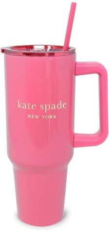 Kate Spade New York Trinkbecher mit Griff und Strohhalm, doppelwandig, Edelstahl, isoliert, Becherhalter, 1,2 l, rosa Metallbecher für heiße oder kalte Getränke, Rosa