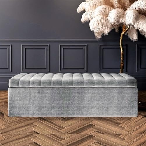 AZ Interiors Royal Furniture Naples Lined Upholstered Ottoman Storage Box, Naples Storage Shoe Bench, End of Bed Bench, Rectangle Coffee Table with Storage (Grey Naples, 4ft6 (137x40x40) CM)