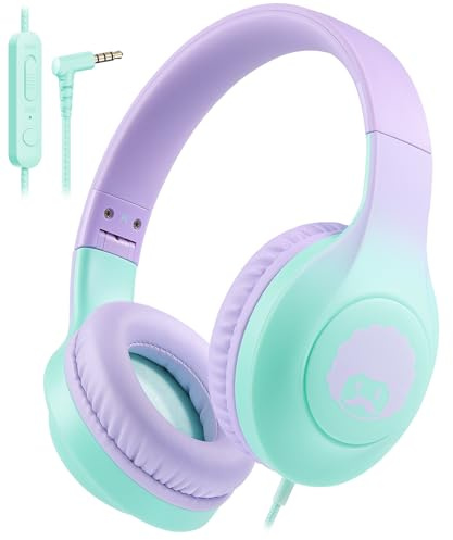 Rockpapa C24 Kids Headphones Wired with Microphone for School 3.5mm Jack | Foldable On Ear Headphones for Kids, Lightweight Adjustable Headphone Wired for Boys/Girls/Adults/Travel/Phone(Purple Teal)