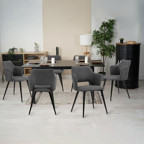 MEUBLE COSY Esstisch mit 6 Esszimmerstühle, Essgruppen, 7er-Set, Ausziehbarer Esstisch, Küchentisch mit 6 Essstühlen, Stahlgestell, für Esszimmer Küche Wohnzimmer, Schwarz + Grau