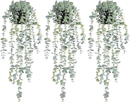 RIOFOGO Künstliche Pflanze Hängend, Eukalyptus Künstliche Hängepflanzen,Hängepflanze Künstlich wie echt für Wand, Zimmer, Zuhause, Innen- und Außenbereich, Regaldekoration 3 Stück