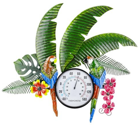 VEWOGARDEN Outdoor-Thermometer, wasserdicht, Metall, Papageien, dekoratives großes Außenthermometer für Terrasse, Außengarten, Innenbereich, Wanddekoration