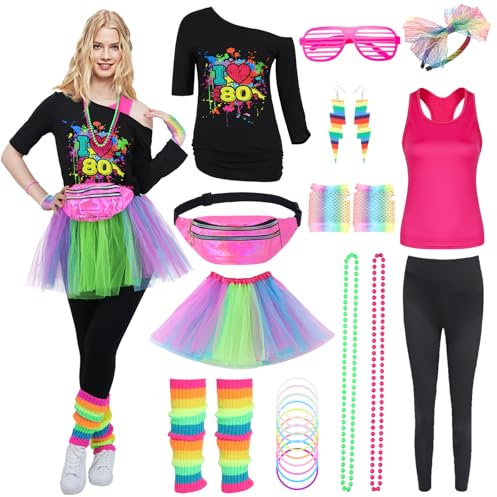 Mrsclaus 80er Jahre Outfit Damen, 90er Faschingkostüm Damen, Aerobic Outfit für Karneval Fastnacht Mottoparty, Tshirt Leggings, Rosa Tank Top, Tüllrock Bauchtasche Beinlinge Netzhandschuhe 068S