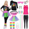 Mrsclaus 80er Jahre Outfit Damen, 90er Faschingkostüm Damen, Aerobic Outfit für Karneval Fastnacht Mottoparty, Tshirt Leggings, Rosa Tank Top, Tüllrock Bauchtasche Beinlinge Netzhandschuhe 068S