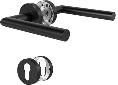DIYGEEK Maniglie Porte Interne Stanza con Cilindro Profilato PZ - Set Acciaio Inox Rosetta Ø52 mm Finitura, Forma di L, Nera Verniciatura a Polvere