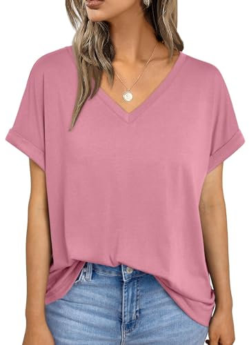 AirMood T-Shirt d'été Ample à Manches Courtes pour Femme avec col en V, Rose, L