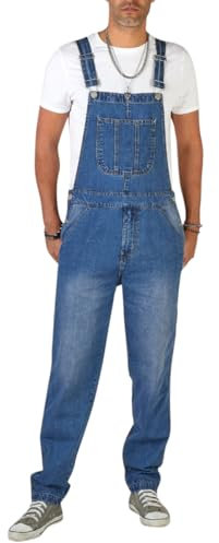 YOUTHUP Mens Denim Blue Dungarees Stonewash Relaxed Fit Casual Jeans Pockets Overalls, Light Blue, XL