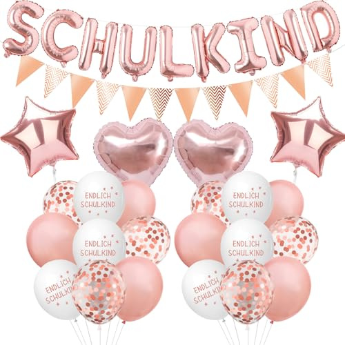 Schulkind Luftballon Deko 2026 Rosegold, 24 Stück Einschulung Ballon Deko Set, mit Wimpelkette, Herz und Stern Einschulung Folienballon, Konfetti Luftballons, Schulanfang Schuleinführung Dekoration