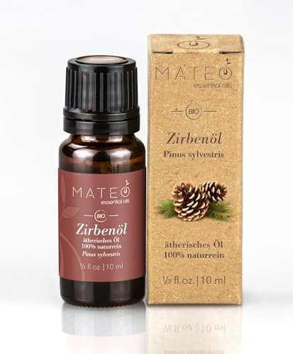 MateoEssentialOils - Natürliches Zirbenöl – 10 ml ätherisches Öl mit holzig-frischem Duft – Ideal für Diffusor, Raumduft, Massageöl, Sauna, Wellness, Aromatherapie – 100% naturreines Öl