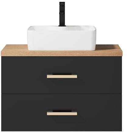UEV Meuble sous Lavabo Suspendu 80,5cm, Meuble Salle de Bain avec Vasque à Poser, Lavabo en Céramique, Deux Tiroirs avec Grand Espace de Rangement, Poignée en Métal, 80,5 x 40,5 x 53,2cm, Noir