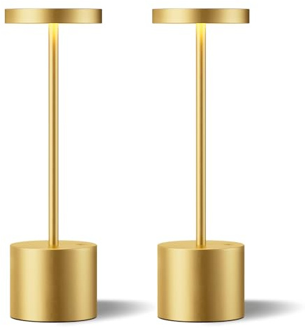 PreeOtti Rechargeable Lamp Set of 2, Battery Operated Lamp, Cordless Lamps with 3 Color Stepless Dimming, Wireless Table Lamps for Bedroom, Dining Room, Restaurant, Patio, Camping - Gold