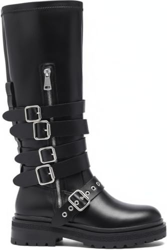 URBAN ROSA Stivali Donna Biker Anfibi con Cerniera e Fibbie Stile Motociclista Rock 8055 (NERO, 38 EU, Adulto, 38, Numero, Sistema Taglie Calzature EU, Media)