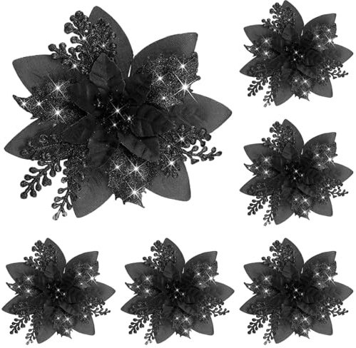 12 Stück Weihnachten Glitzer Weihnachtsstern Blumen Mit Clips, Künstliche Baumschmuck,Kunstblumen Weihnachten,Glitzer Kunstblumen Deko,Für Hochzeiten, Weihnachtskränze Und Homeparty (Schwarz)