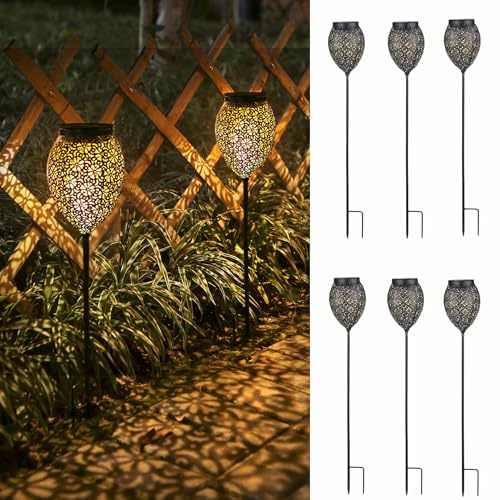 Solarleuchten für Außen Metall 6 Stück, IP65 Wetterfest Solarlampen für Außen Gartenstecker mit Blumenmuster, Vintage Gartenbeleuchtung Solar Wegeleuchten Höhenverstellbar, Weihnachtsdeko für Frauen