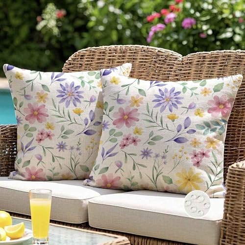 ViaElayu Outdoor Kissen 50x50 Kissenbezug Rosa Gelb Lila Blumen Blatt Wetterfest Kissenhülle Sofakissen Dekokissen Gartenkissen Couchkissen Sommer Deko für Wohnzimmer Bank Terrasse 2er Set