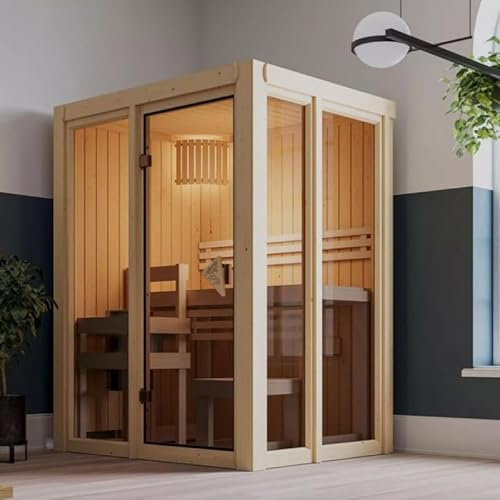 Karibu Sauna d'Intérieur Traditionnel Irava | 1-2 Places, 1,89m², Épicéa Nordique, Poêle 3,6kW Inclus | Porte Vitrée, Isolation Thermique, Banc de Tremble