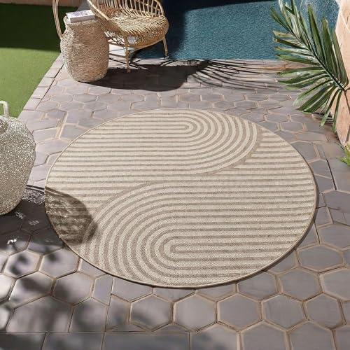 HomebyHome Outdoor Teppich Rund 200 cm Beige Wetterfest UV-beständig Pflegeleicht Skandi Boho Design für Garten Terrasse Wohnzimmer Esszimmer