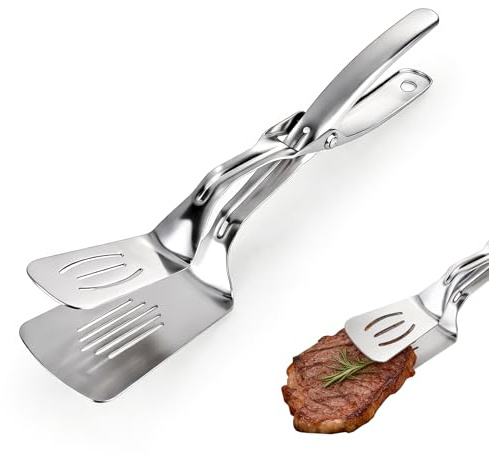 Plushly Stainless Steel Spatula Tongs, Labour-Saving Lever Kitchen Tongs for Cooking, 11.8in/30cm Metal Grill Clamp Double Spatula Flipper for Flipping Meat Steak Egg BBQ Food