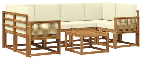 vidaXL Outdoor-Sofagarnitur mit Kissen 7 pcs Natur und Creme Polyester, Garten-Lounge, modernes Outdoor-Sofa, gemütliche Sitzecke für Pool, entspannende Holz-Patio-Ausstattung