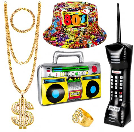 Letienti 80er 90er Jahre Hip Hop Kostüm Set Unisex –Graffiti Bucket Hut Retro Boombox Ziegelhandy Fake Gold Dollar Halskette Armband Strass Ring,Rapper Pimp Zubehör für Karneval Mottoparty