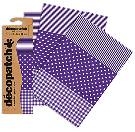 Décopatch - Ref C488O - Purple Spots, Stripes and Gingham Print Paper Pack - Each Sheet 30 x 40cm, Pack of 3 Paper Sheets - Best Used With Décopach Glue & Varnish, Purple