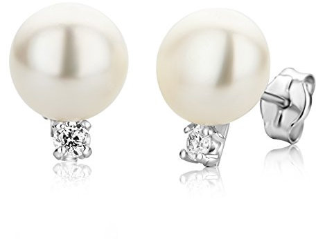 Miore Boucles d'Oreilles Femme – Or Blanc 375 9K - Clou d'Oreille en Or, Boucle d'Oreille Perles, Piercing Oreille, 2 Perles blanches d’eau douce 8.5 MM et Zirconium, Bijoux Femme hypoallergéniques