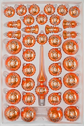 39 tlg. Glas-Weihnachtskugeln Set in Hochglanz-Orange-Silberne-Ornamente - Christbaumkugeln - Weihnachtsschmuck-Christbaumschmuck