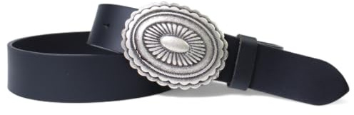 FRONHOFER Damengürtel Büffelleder 4 cm, Concho-Schnalle altsilber | Bundweite 85-125 cm, runde Reliefschnalle mit Wellenrand, Druckknopf zum Schnallenwechsel