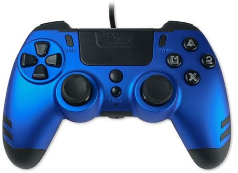 Steelplay, Metaltech, manette de jeu filaire, gamepad avec double système de vibration, sortie casque audio (jack), compatible avec PS4, compatible avec PS3 et compatible avec PC - Bleue